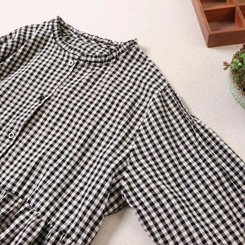 Buddha Stones Long Sleeve Plaid Simple Buttons Ruffled Design Cotton Linen Midi Dress With Pockets - image 12