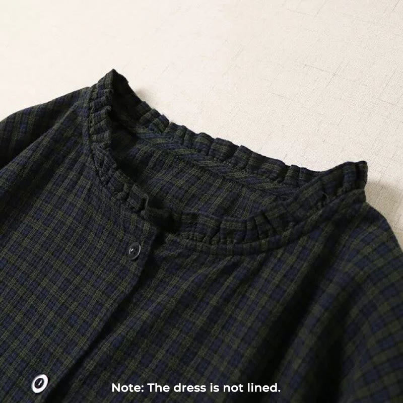 Buddha Stones Long Sleeve Plaid Simple Buttons Ruffled Design Cotton Linen Midi Dress With Pockets - image 1