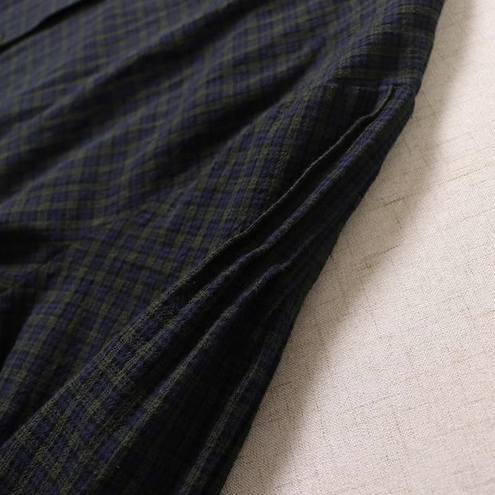 Buddha Stones Long Sleeve Plaid Simple Buttons Ruffled Design Cotton Linen Midi Dress With Pockets - image 4