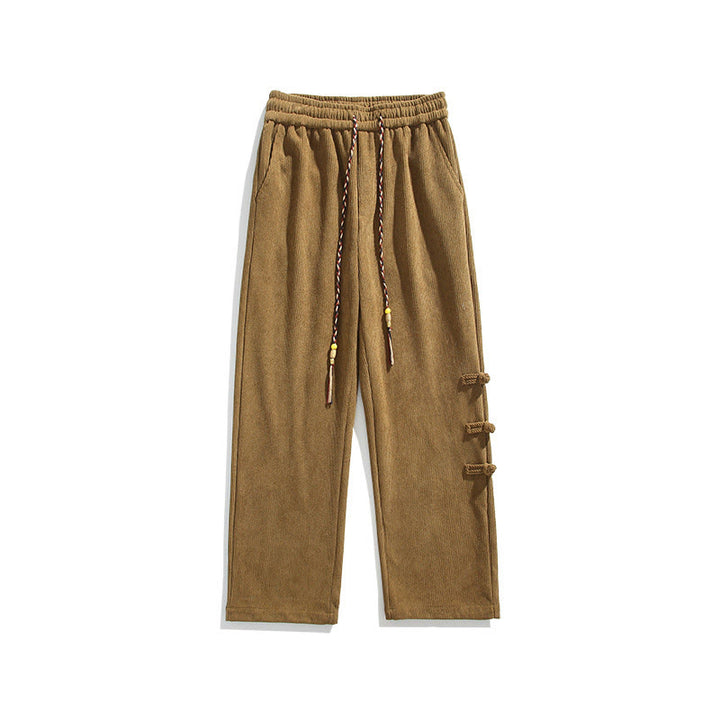 Buddha Stones Plain Chinese Frog-Button Design Drawstring Men's Corduroy Pants With Pockets - image 10