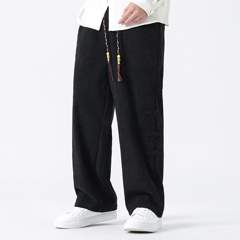 Buddha Stones Plain Chinese Frog-Button Design Drawstring Men's Corduroy Pants With Pockets - image 15
