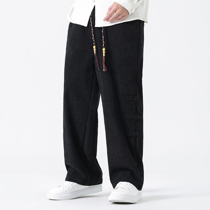 Buddha Stones Plain Chinese Frog-Button Design Drawstring Men's Corduroy Pants With Pockets - image 15