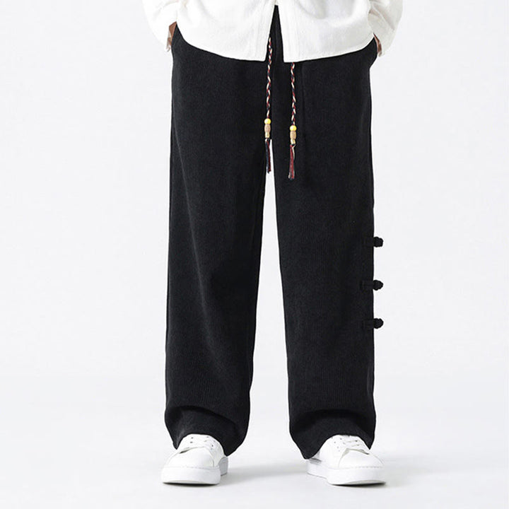Buddha Stones Plain Chinese Frog-Button Design Drawstring Men's Corduroy Pants With Pockets - image 12