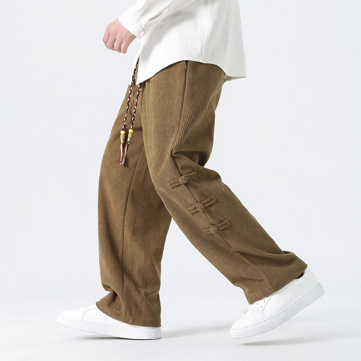 Buddha Stones Plain Chinese Frog-Button Design Drawstring Men's Corduroy Pants With Pockets - DarkGoldenrod - US/UK/AU48，EU58(5XL) - image 0