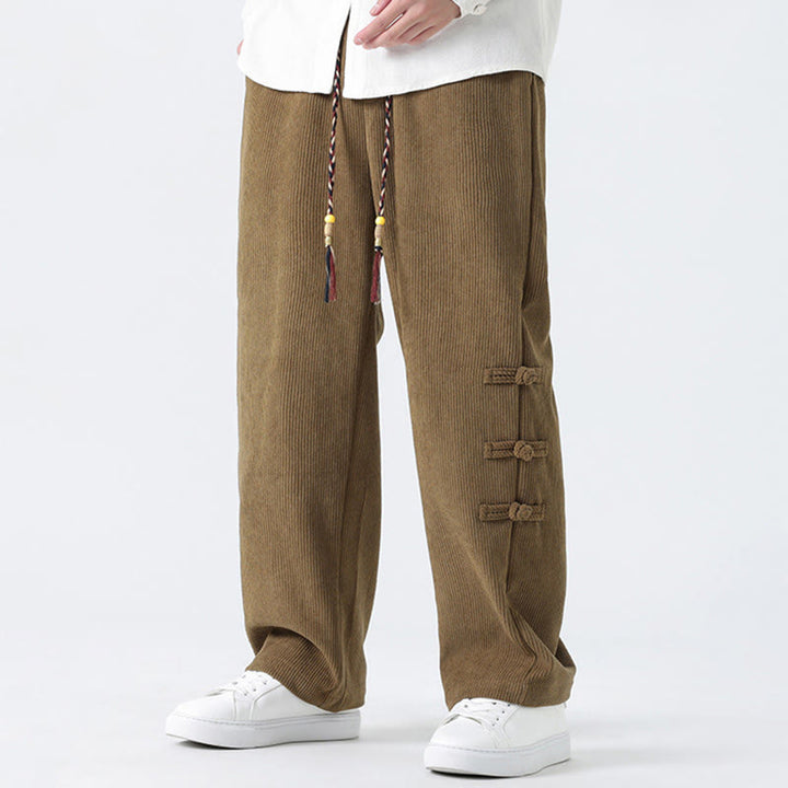 Buddha Stones Plain Chinese Frog-Button Design Drawstring Men's Corduroy Pants With Pockets - image 2