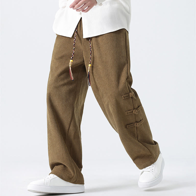 Buddha Stones Plain Chinese Frog-Button Design Drawstring Men's Corduroy Pants With Pockets - image 1