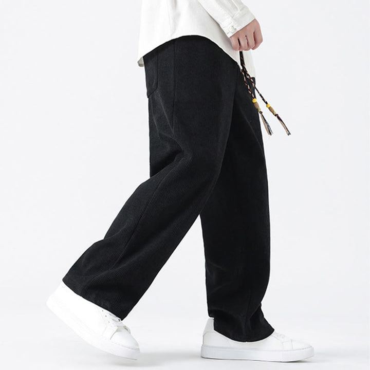 Buddha Stones Plain Chinese Frog-Button Design Drawstring Men's Corduroy Pants With Pockets - image 18