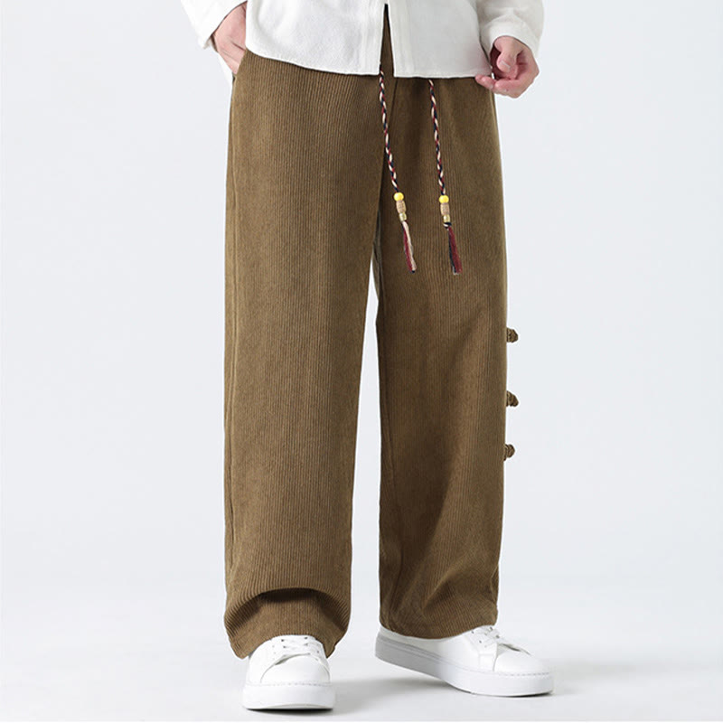 Buddha Stones Plain Chinese Frog-Button Design Drawstring Men's Corduroy Pants With Pockets - image 7