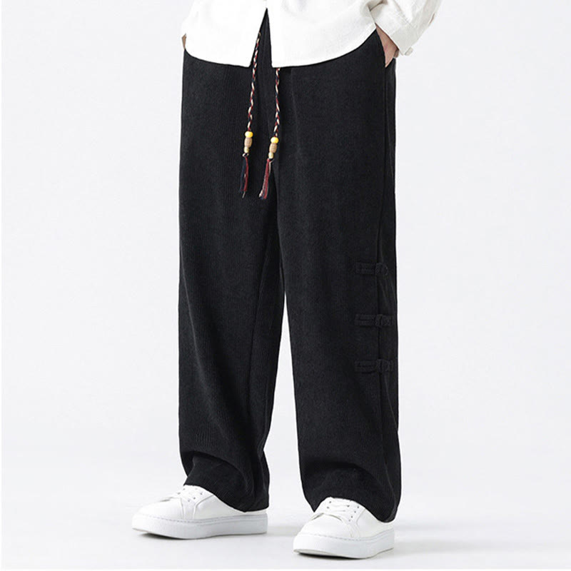 Buddha Stones Plain Chinese Frog-Button Design Drawstring Men's Corduroy Pants With Pockets - image 13