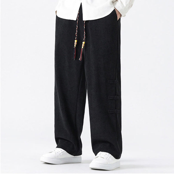 Buddha Stones Plain Chinese Frog-Button Design Drawstring Men's Corduroy Pants With Pockets - image 13