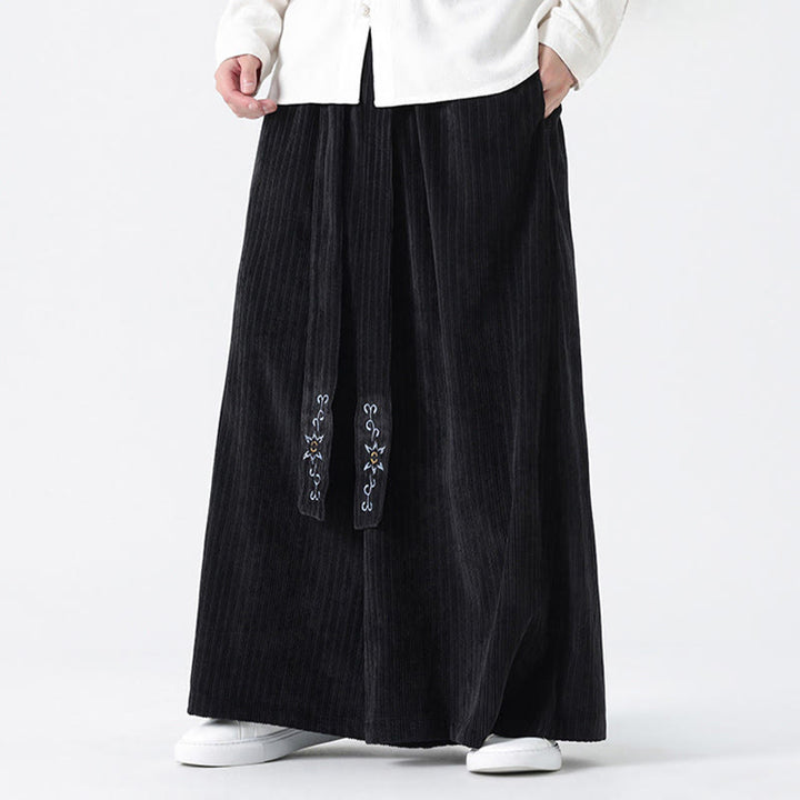 Buddha Stones Casual Embroidery Drawstring Design Men's Corduroy Wide Leg Pants With Pockets - image 13