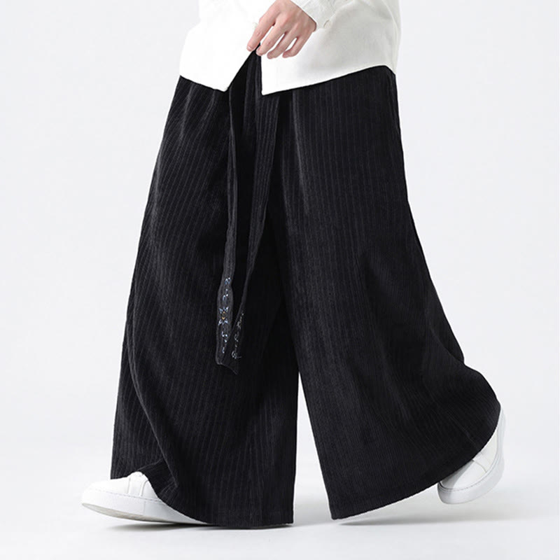 Buddha Stones Casual Embroidery Drawstring Design Men's Corduroy Wide Leg Pants With Pockets - image 16