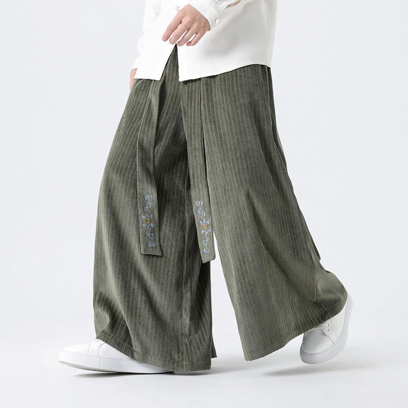 Buddha Stones Casual Embroidery Drawstring Design Men's Corduroy Wide Leg Pants With Pockets - DarkSeaGreen - US/UK/AU50，EU60 (5XL) - image 0