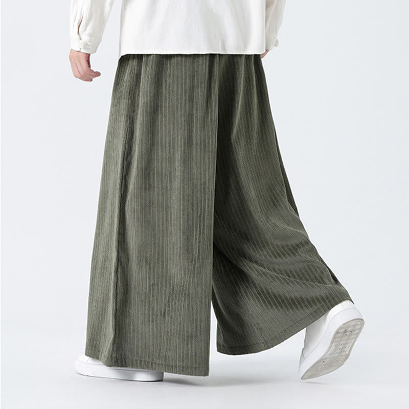 Buddha Stones Casual Embroidery Drawstring Design Men's Corduroy Wide Leg Pants With Pockets - image 7