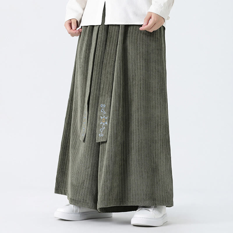 Buddha Stones Casual Embroidery Drawstring Design Men's Corduroy Wide Leg Pants With Pockets - image 6