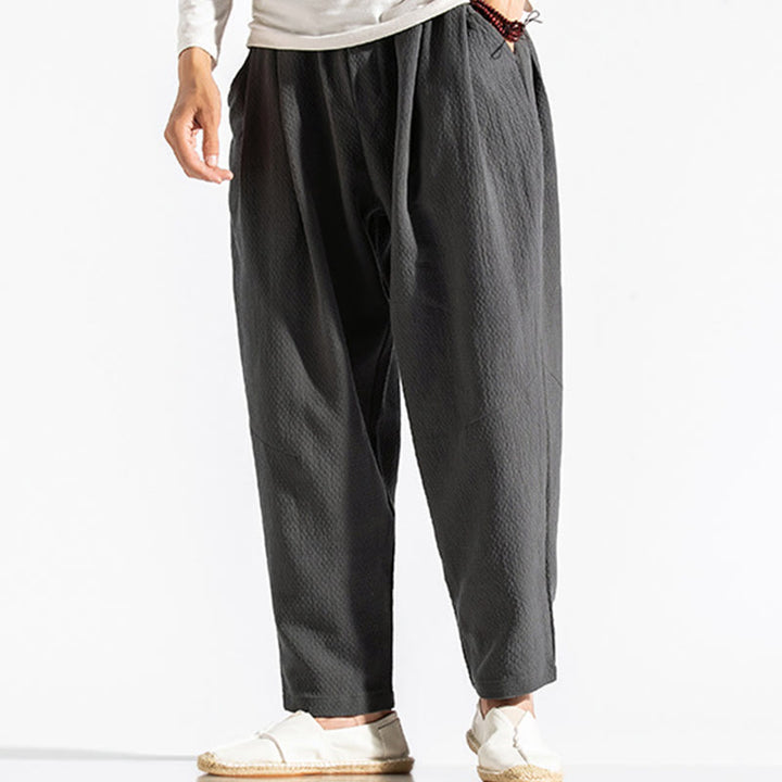 Buddha Stones Casual Pure Color Men's Jacquard Cotton Linen Harem Pants With Pockets - image 10