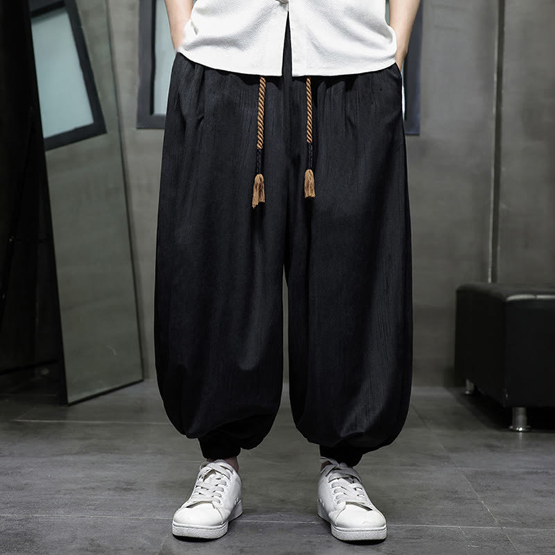 Buddha Stones Casual Daily Pure Color Drawstring Design Men's Harem Pants With Pockets - image 5