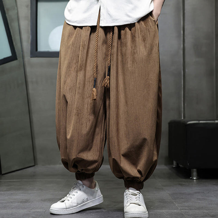 Buddha Stones Casual Daily Pure Color Drawstring Design Men's Harem Pants With Pockets - image 12