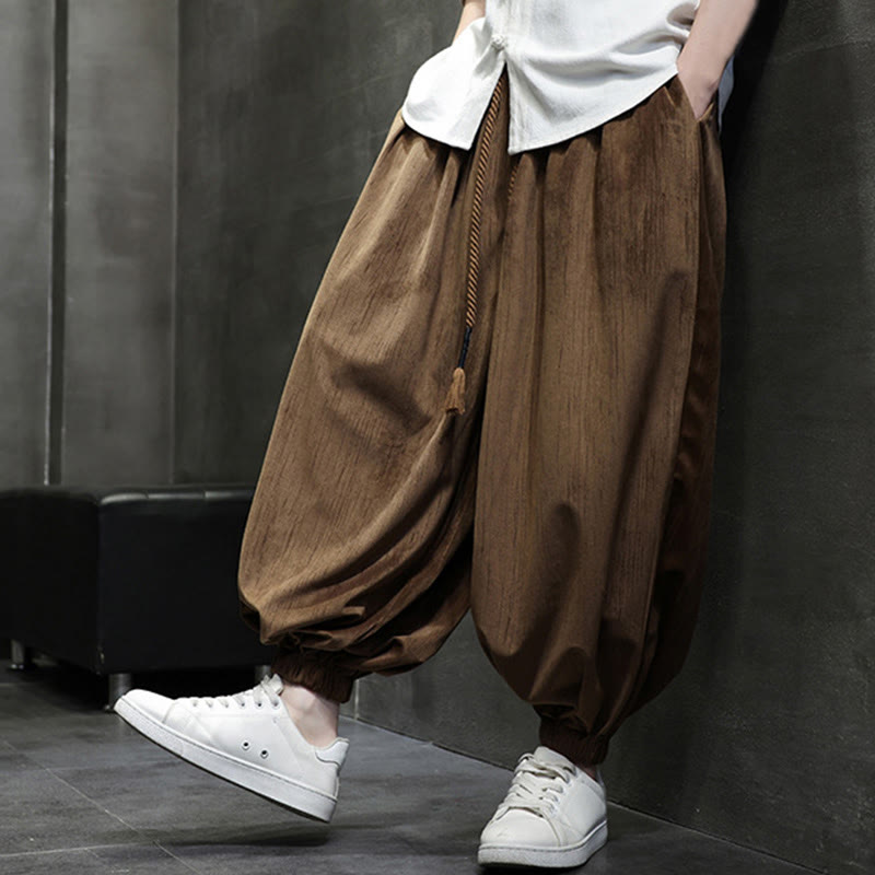 Buddha Stones Casual Daily Pure Color Drawstring Design Men's Harem Pants With Pockets - image 18