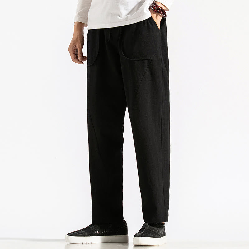 Buddha Stones Retro Casual Drawstring Design Men's Harem Cotton Plain Pants With Pockets - image 18