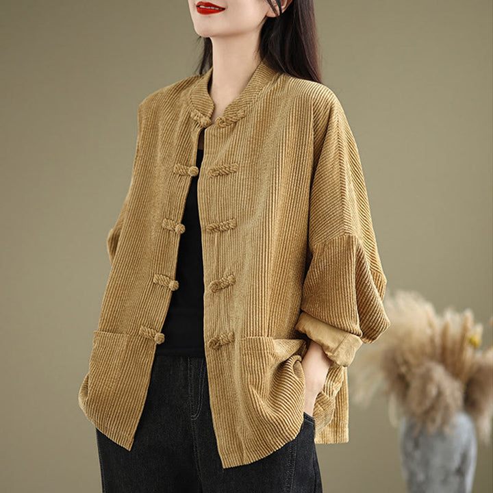 Buddha Stones Frog-button Stand Collar Women's Cotton Linen Corduroy Jacket - Goldenrod - US14，UK/AU18，EU46 (2XL) - image 1