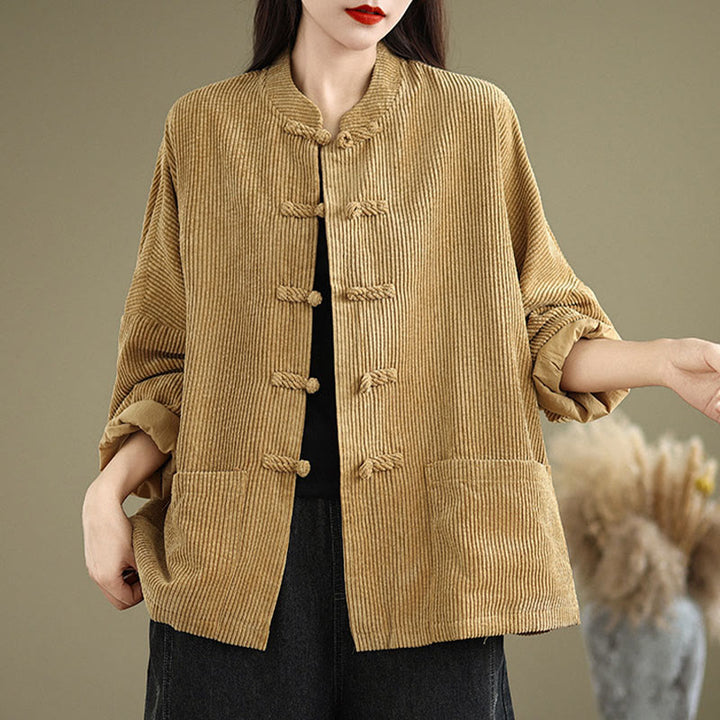Buddha Stones Frog-button Stand Collar Women's Cotton Linen Corduroy Jacket - image 3