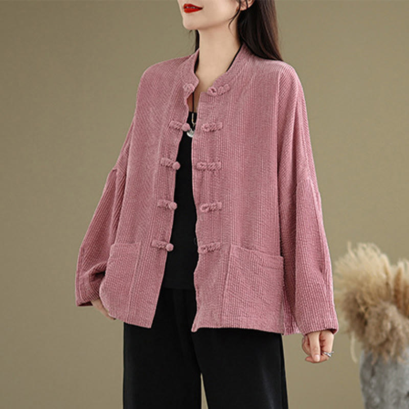 Buddha Stones Frog-button Stand Collar Women's Cotton Linen Corduroy Jacket - PaleVioletRed - US14，UK/AU18，EU46 (2XL) - image 10