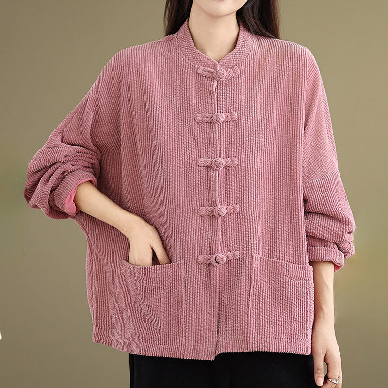 Buddha Stones Frog-button Stand Collar Women's Cotton Linen Corduroy Jacket - image 11