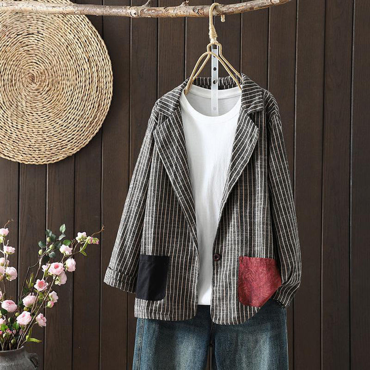 Buddha Stones Splicing Stripes Women's Cotton Linen Jacket With Pockets - DimGray - US14，UK/AU18，EU46 (2XL) - image 1