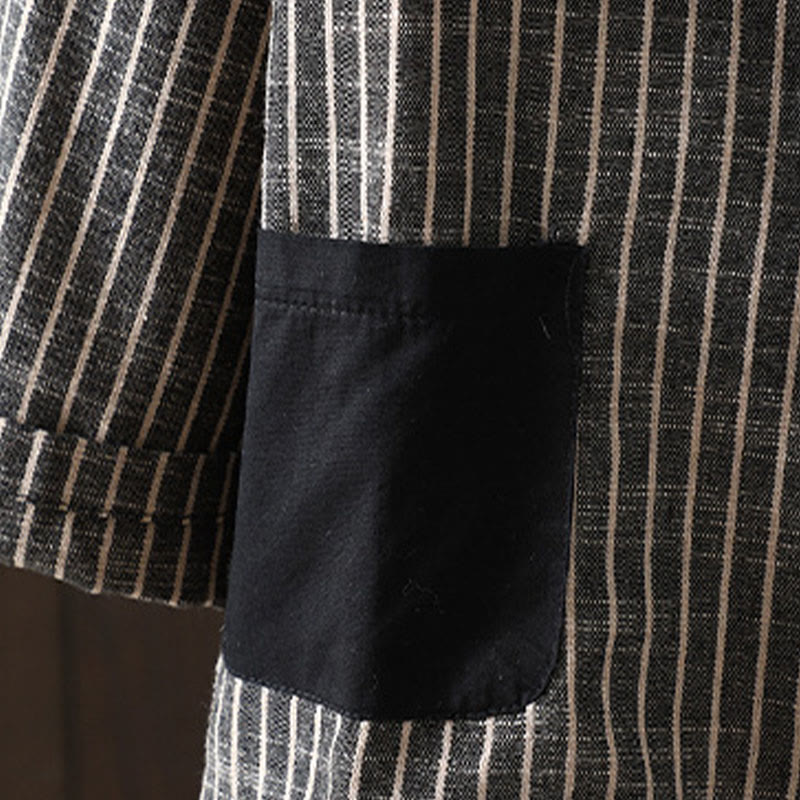 Buddha Stones Splicing Stripes Women's Cotton Linen Jacket With Pockets - image 4