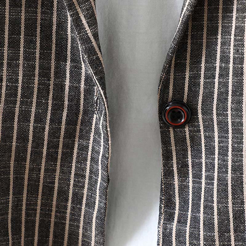 Buddha Stones Splicing Stripes Women's Cotton Linen Jacket With Pockets - image 4