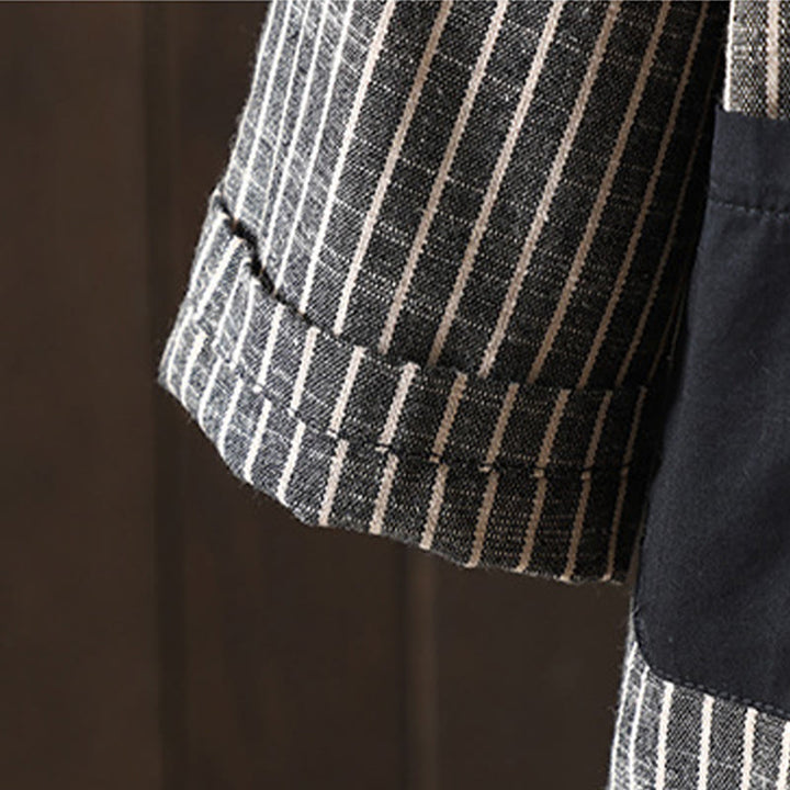 Buddha Stones Splicing Stripes Women's Cotton Linen Jacket With Pockets - image 6