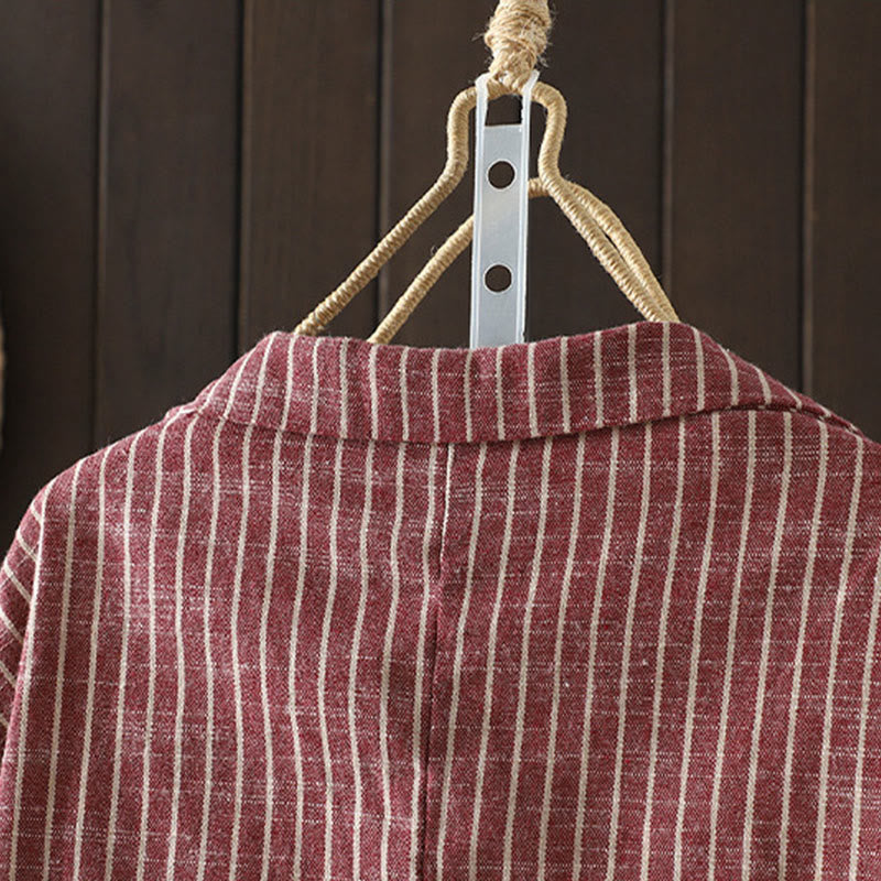 Buddha Stones Splicing Stripes Women's Cotton Linen Jacket With Pockets - image 12