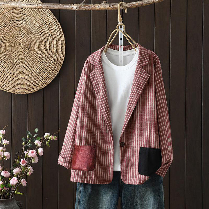 Buddha Stones Splicing Stripes Women's Cotton Linen Jacket With Pockets - IndianRed - US14，UK/AU18，EU46 (2XL) - image 7