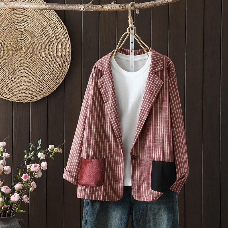 Buddha Stones Splicing Stripes Women's Cotton Linen Jacket With Pockets - IndianRed - US14，UK/AU18，EU46 (2XL) - image 6
