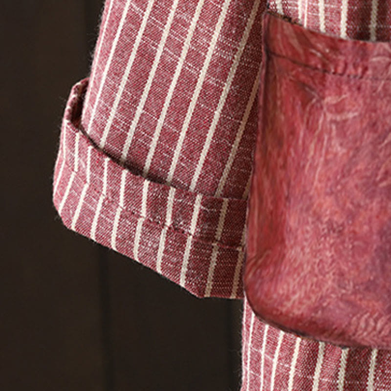 Buddha Stones Splicing Stripes Women's Cotton Linen Jacket With Pockets - image 10