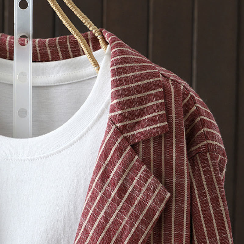 Buddha Stones Splicing Stripes Women's Cotton Linen Jacket With Pockets - image 11