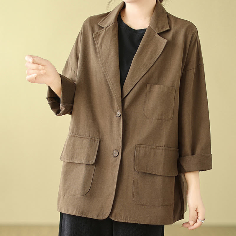Buddha Stones Plain Women's Cotton Suit Jacket With Pockets - image 3