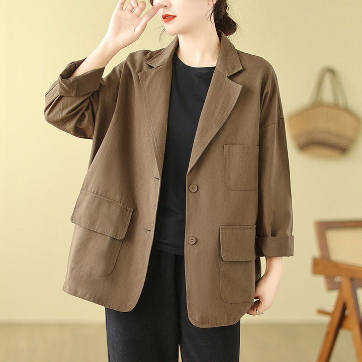 Buddha Stones Plain Women's Cotton Suit Jacket With Pockets - DarkGoldenrod - US14，UK/AU18，EU46 (2XL) - image 1