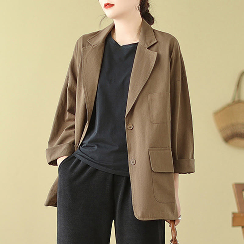 Buddha Stones Plain Women's Cotton Suit Jacket With Pockets - image 4