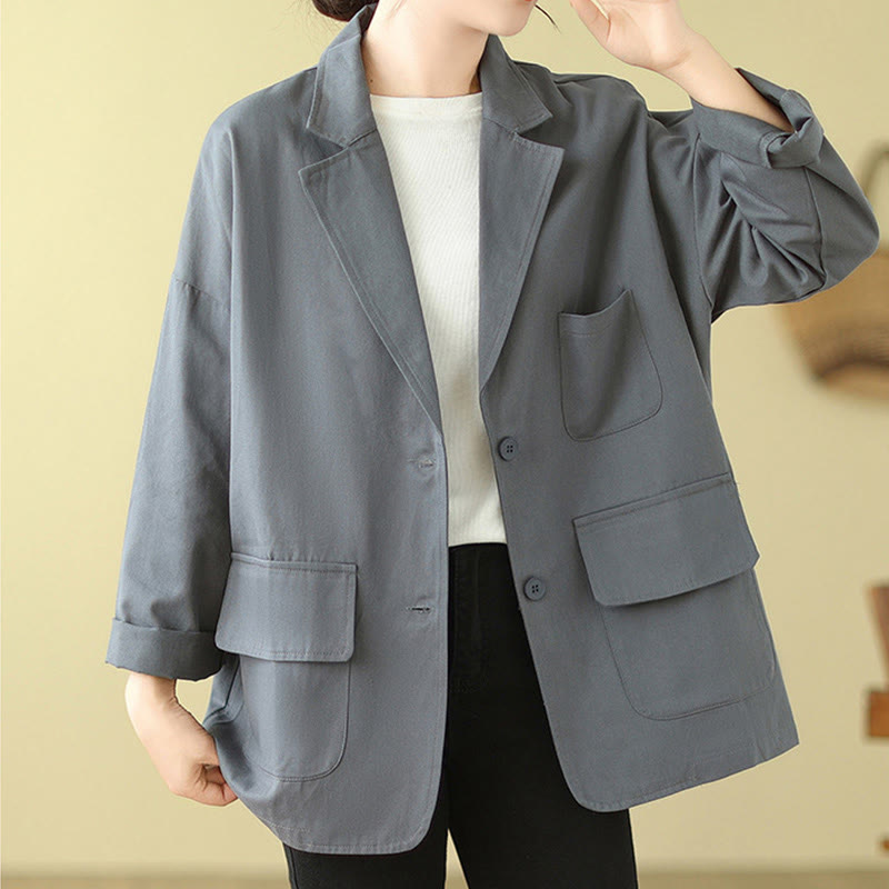 Buddha Stones Plain Women's Cotton Suit Jacket With Pockets - LightSteelBlue - US14，UK/AU18，EU46 (2XL) - image 8