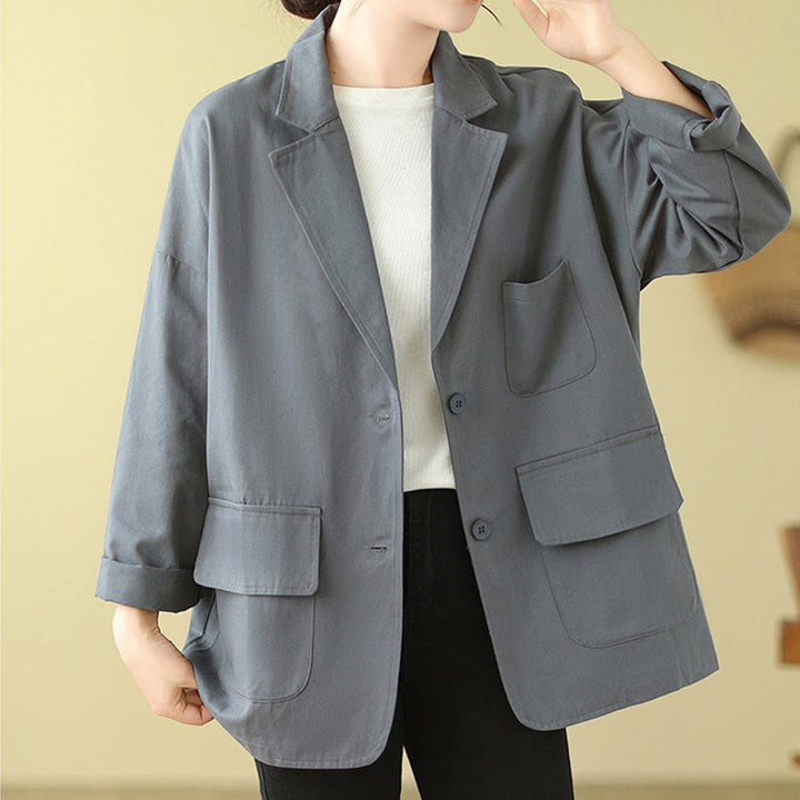 Buddha Stones Plain Women's Cotton Suit Jacket With Pockets - LightSteelBlue - US14，UK/AU18，EU46 (2XL) - image 8