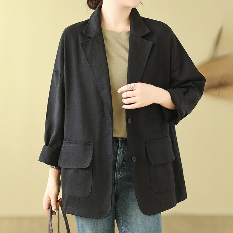Buddha Stones Plain Women's Cotton Suit Jacket With Pockets - Black - US14，UK/AU18，EU46 (2XL) - image 13