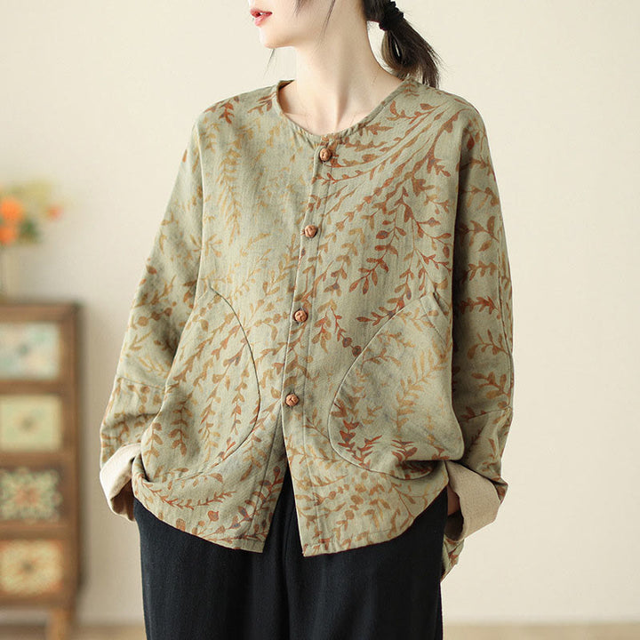 Buddha Stones Leaf Print Women's Cotton Linen Jacket With Pockets - DarkKhaki - US14，UK/AU18，EU46 (2XL) - image 1