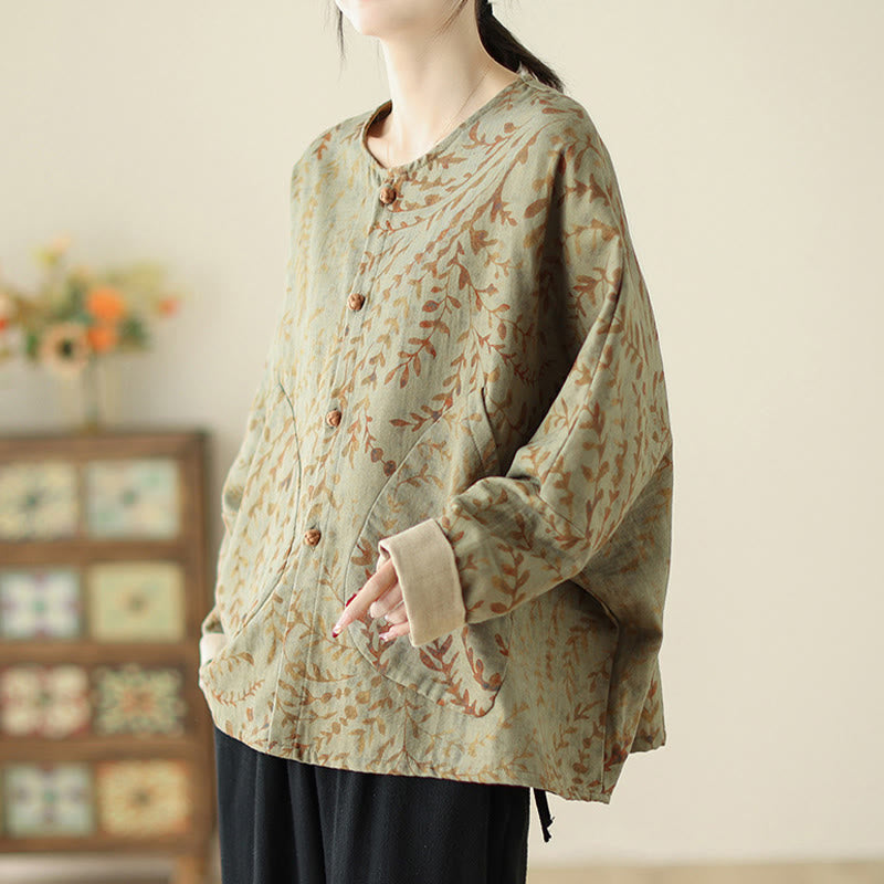 Buddha Stones Leaf Print Women's Cotton Linen Jacket With Pockets - image 3