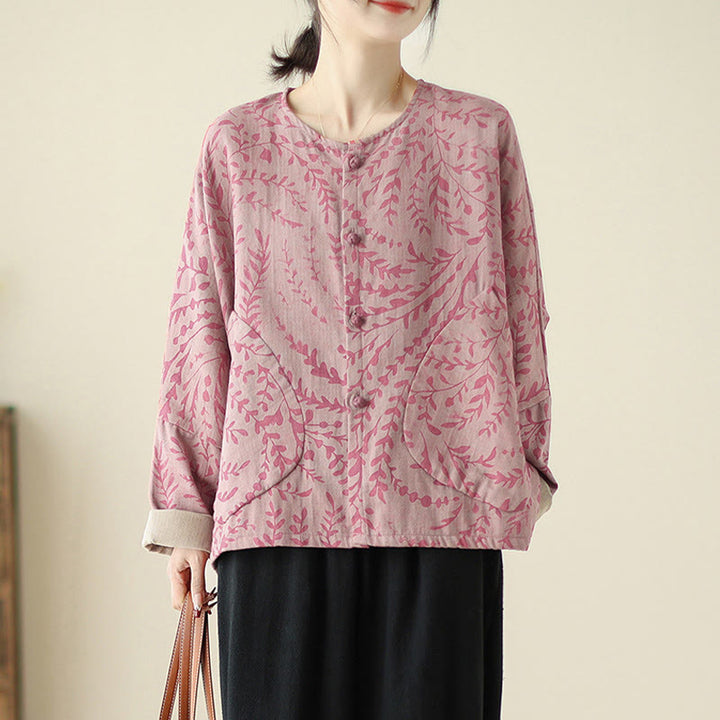 Buddha Stones Leaf Print Women's Cotton Linen Jacket With Pockets - PaleVioletRed - US14，UK/AU18，EU46 (2XL) - image 7