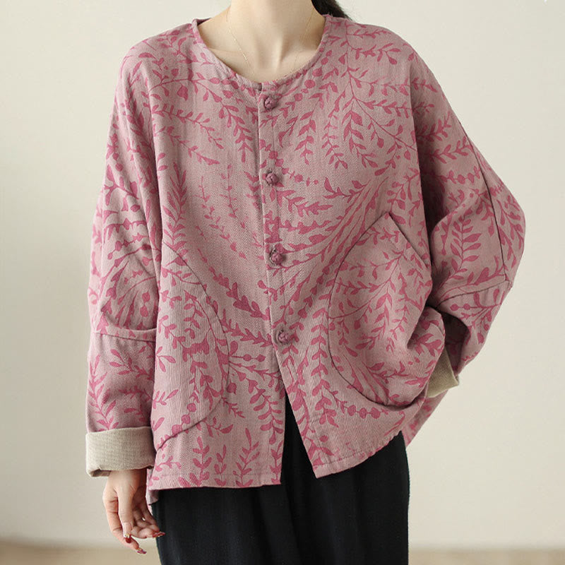 Buddha Stones Leaf Print Women's Cotton Linen Jacket With Pockets - image 8