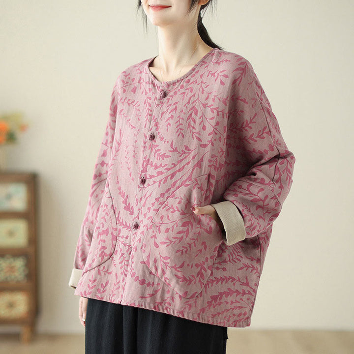 Buddha Stones Leaf Print Women's Cotton Linen Jacket With Pockets - image 11