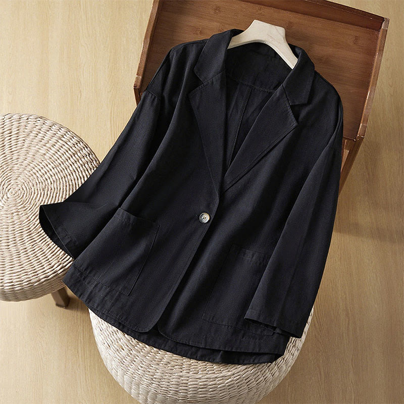 Buddha Stones Plain Button Women's Cotton Suit Jacket With Pockets - Black - US12，UK/AU16，EU44 (XL) - image 9