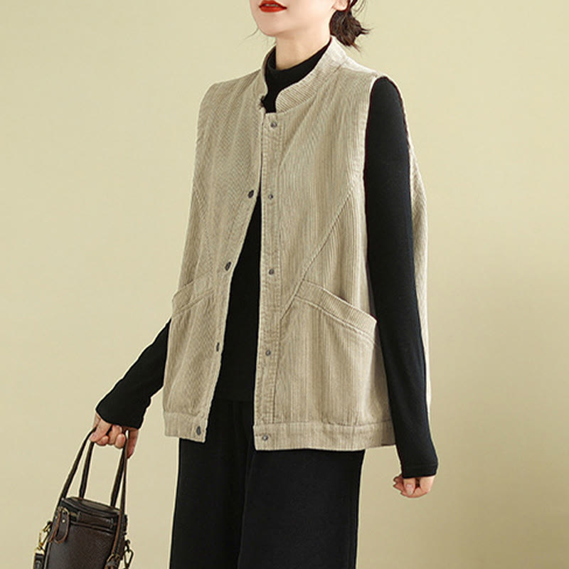 Buddha Stones Plain Sleeveless Women's Cotton Vest Corduroy Waistcoat With Pockets - image 1